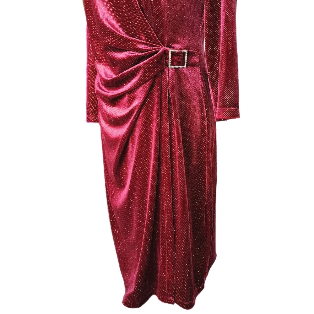 ANNE KLEIN Red Dress Womens 12 Sparkle Faux Wrap Rhinestone Buckle Cocktail Xmas - Picture 5 of 15